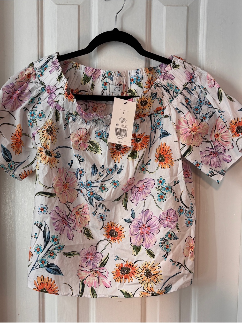 crown & ivy White Floral Off-Shoulder Top with Pink, Orange & Blue Blooms